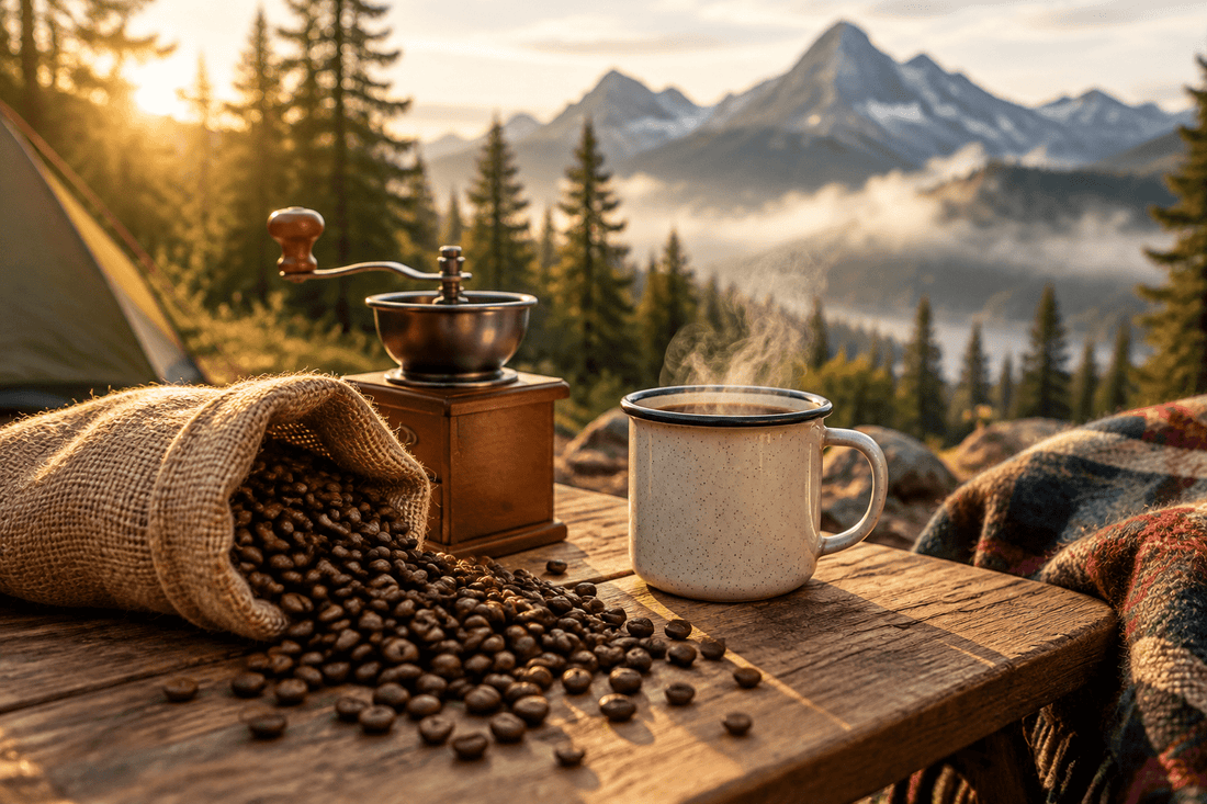 Best Coffee for Camping with a hand-cranked wooden coffee grinder, scattered beans and a cream enamel mug with dark rim
