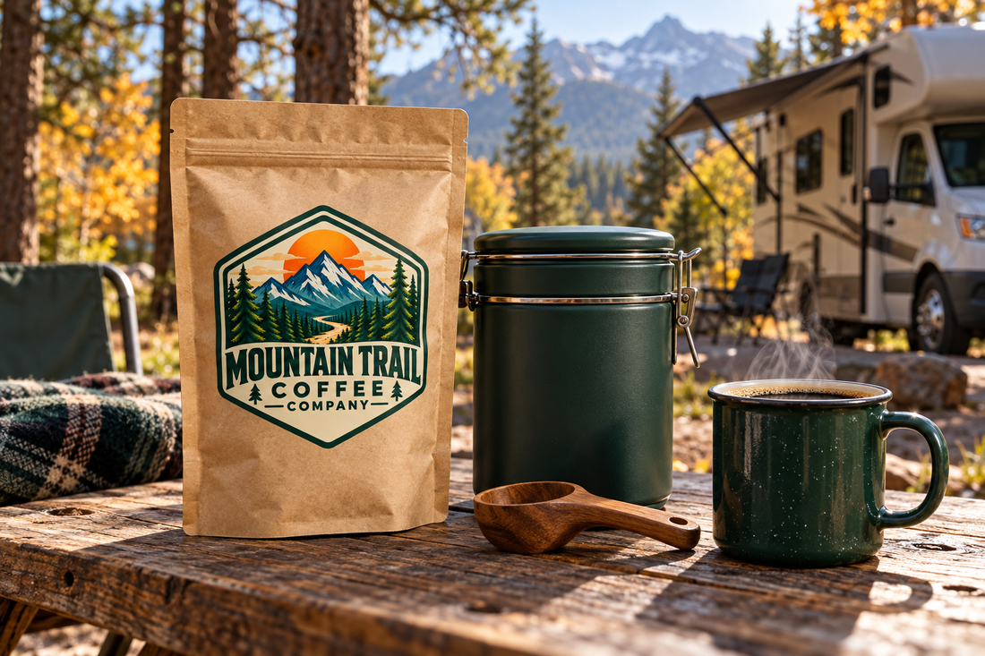 Coffee camping kit with a brown kraft Mountain Trail Coffee bag, dark green airtight canister, wooden scoop and enamel mug; Keep Your Coffee Fresh in style.