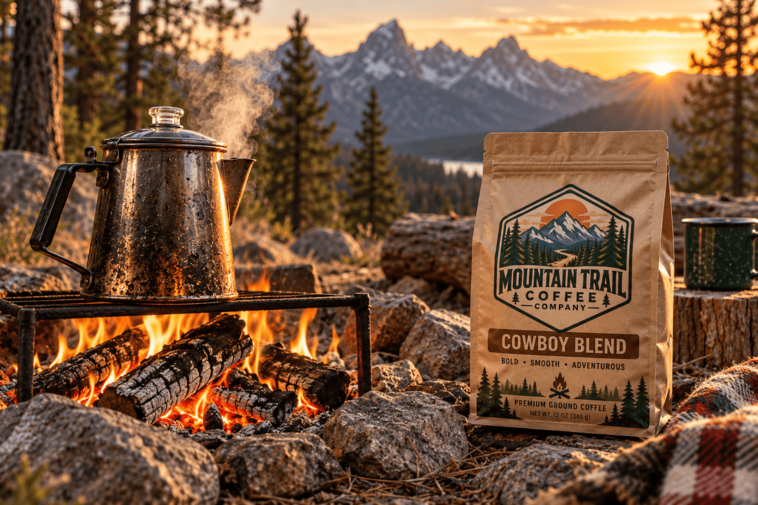 Coffee bag with How to Make Coffee While Camping, brown kraft paper packaging, Mountain Trail Coffee Cowboy Blend label and mountain graphic