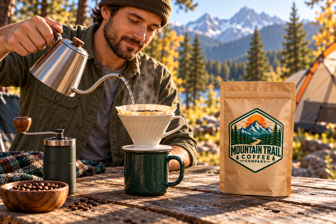 Pour-over coffee setup with a white dripper on a dark green mug, stainless steel kettle and kraft coffee bag; Make Pour-Over Coffee outdoors