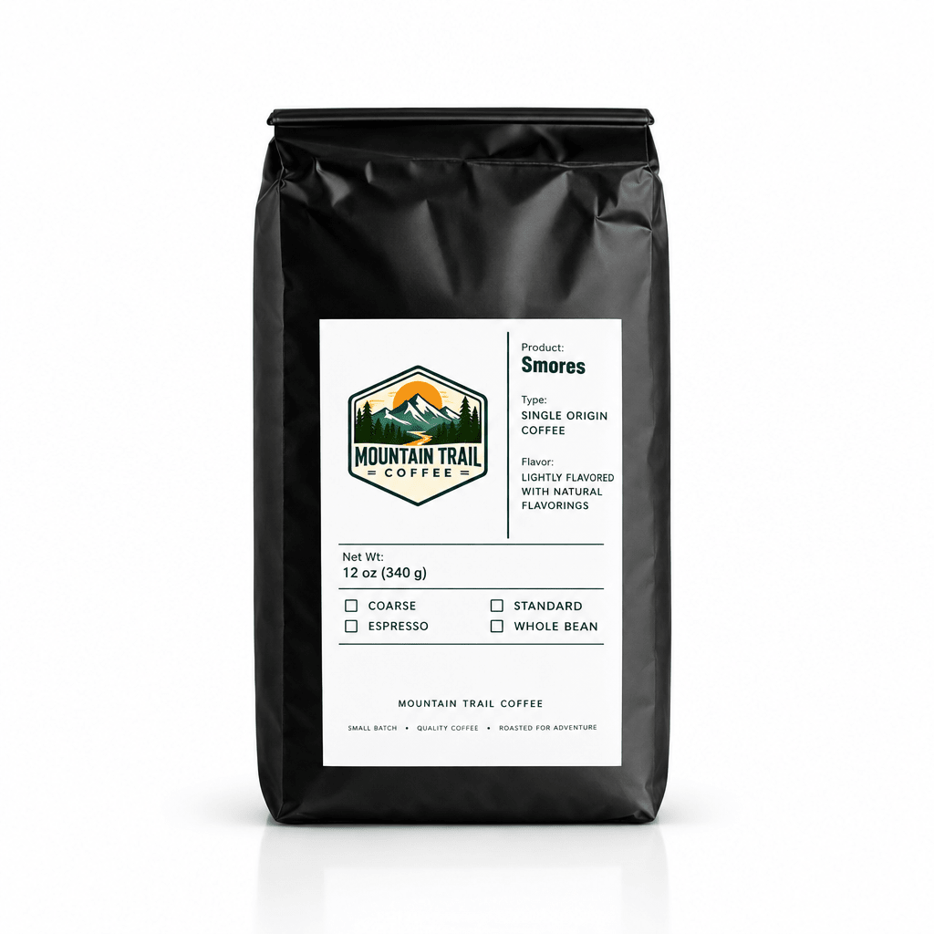 Coffee bag of single origin coffee in matte black packaging, featuring a white Mountain Trail label with Smores flavor details.
