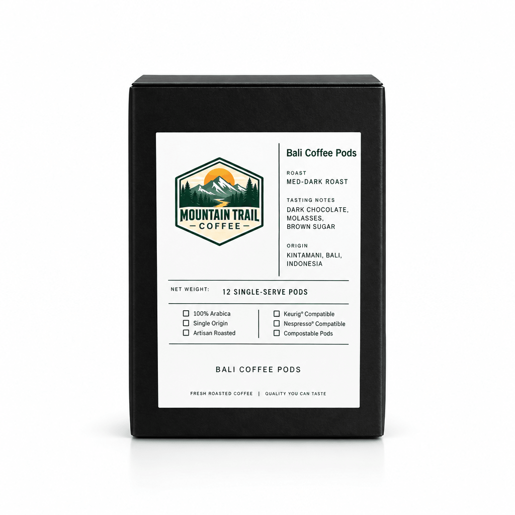 Bali Coffee Pods in a black rectangular box with a white label, mountain logo and single-serve pod details.