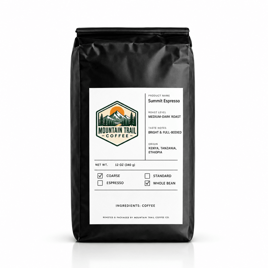 Coffee bag labeled Summit Espresso in a matte black resealable pouch, with a white label and green mountain logo.