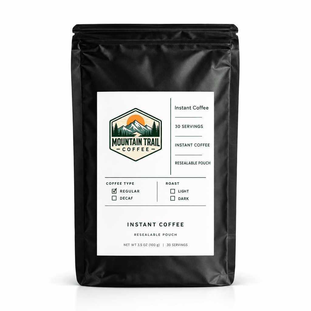 Instant Coffee in a black resealable pouch with a white label, mountain trail logo, and 30-serving count.