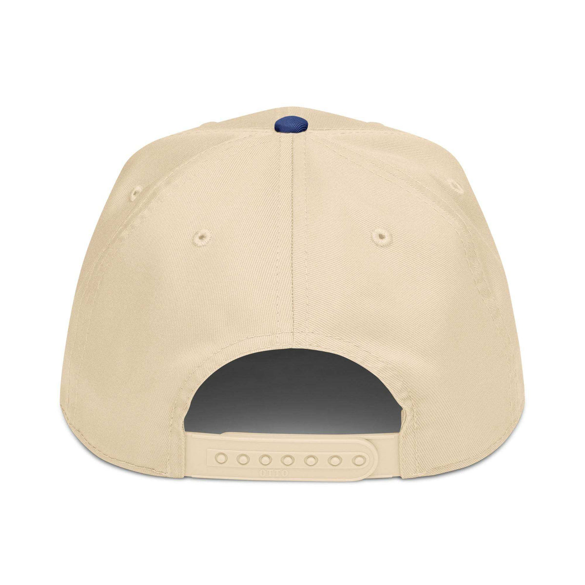 5 panel cap in beige cotton blend with structured panels, embroidered eyelets and adjustable snapback closure