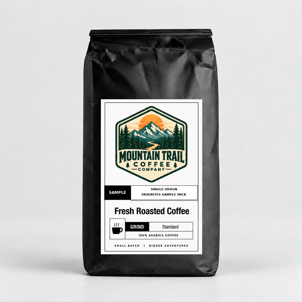 Single Origin Favorites sample pack with six 2oz medium roast coffee packs from Brazil, Colombia, Costa Rica, Ethiopia, Honduras, and Tanzania