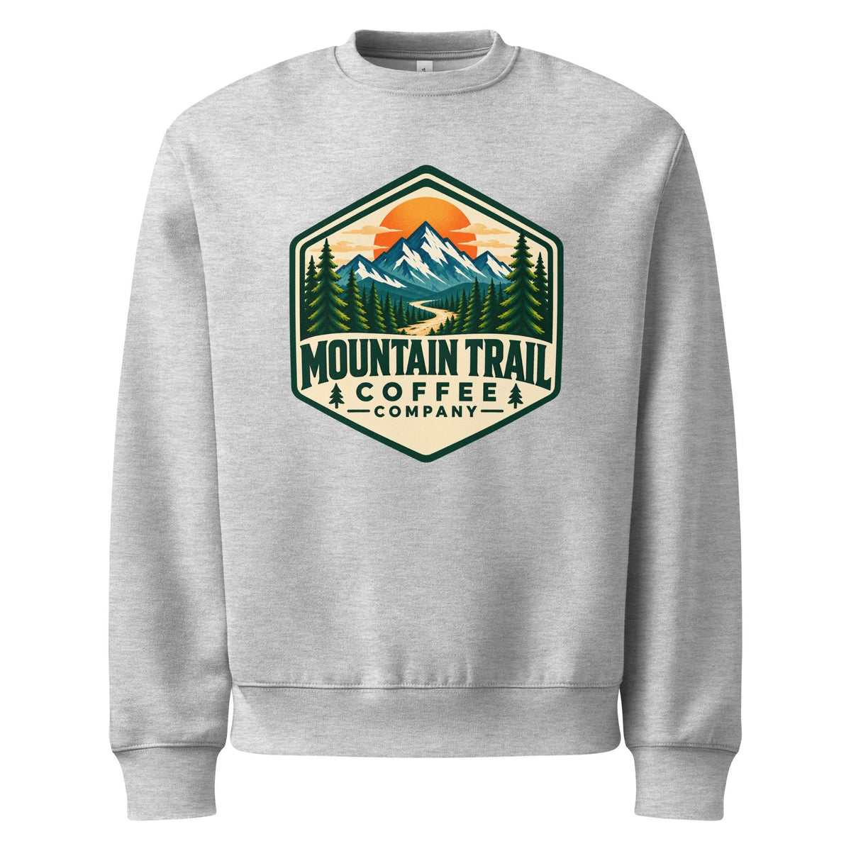 Oversized heavyweight sweatshirt in light gray fleece with ribbed cuffs, a relaxed fit and colorful mountain trail coffee graphic.