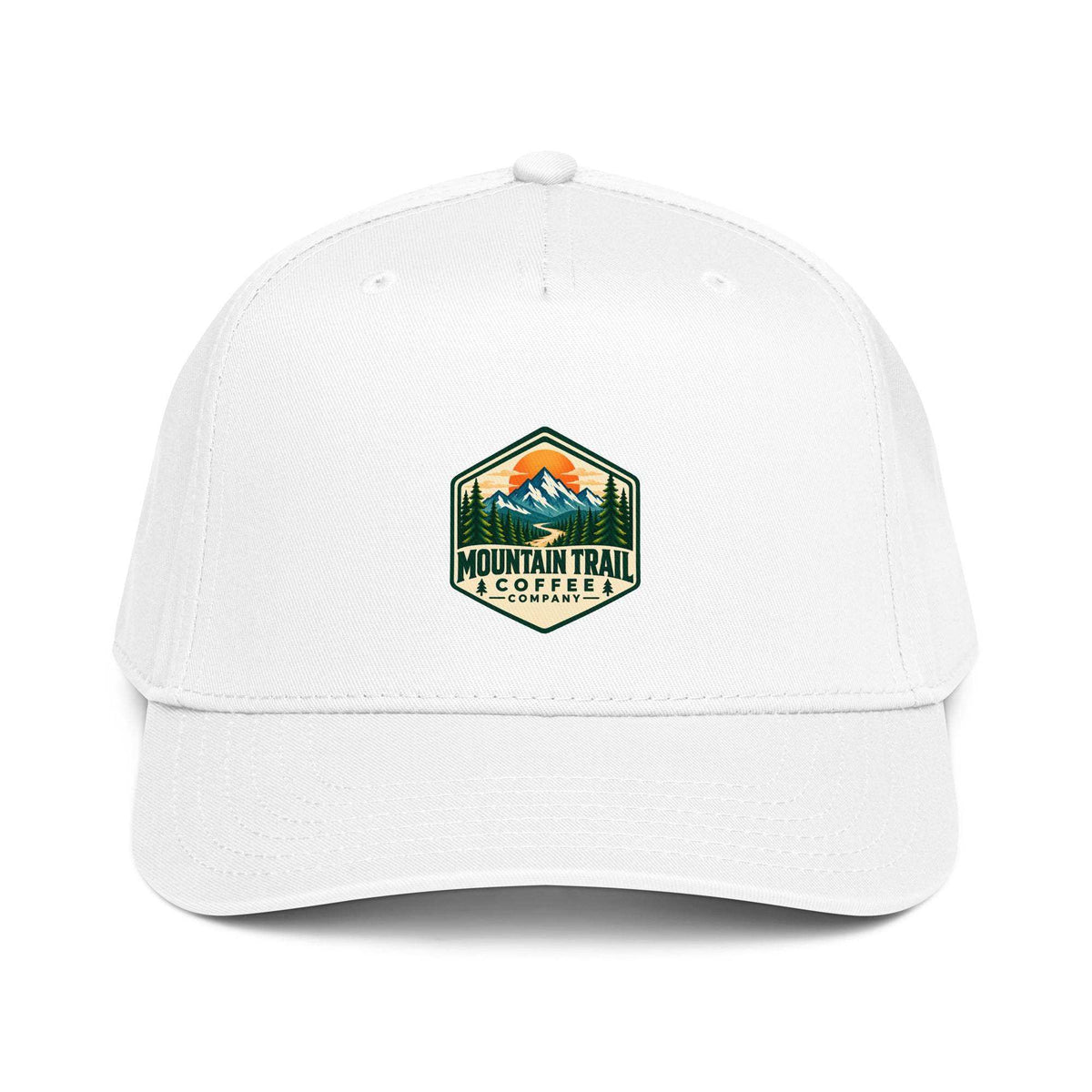 5 panel cap in white cotton blend with structured front, curved visor and colourful mountain trail coffee logo