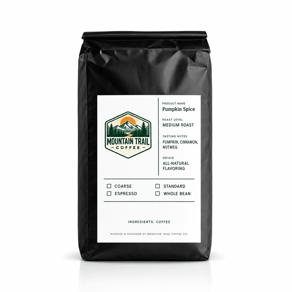 Coffee bag labeled Pumpkin Spice, matte black packaging with a white and green label, mountain logo, and seasonal flavor notes.