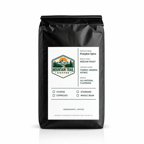 Coffee bag labeled Pumpkin Spice, matte black packaging with a white and green label, mountain logo, and seasonal flavor notes.
