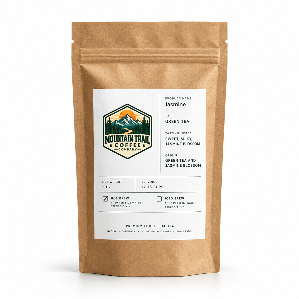 Green tea in a kraft paper pouch with a resealable top and white label featuring Jasmine Blossoms blend details.