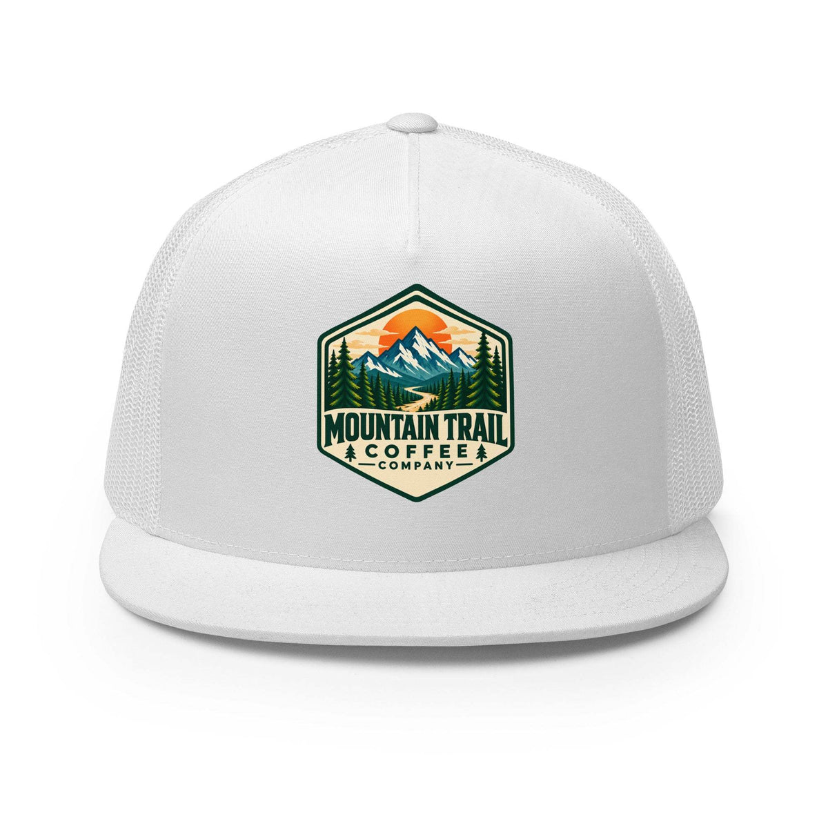 White Trucker Cap with a structured fabric front, mesh back panels, flat bill, and colorful mountain trail coffee logo.