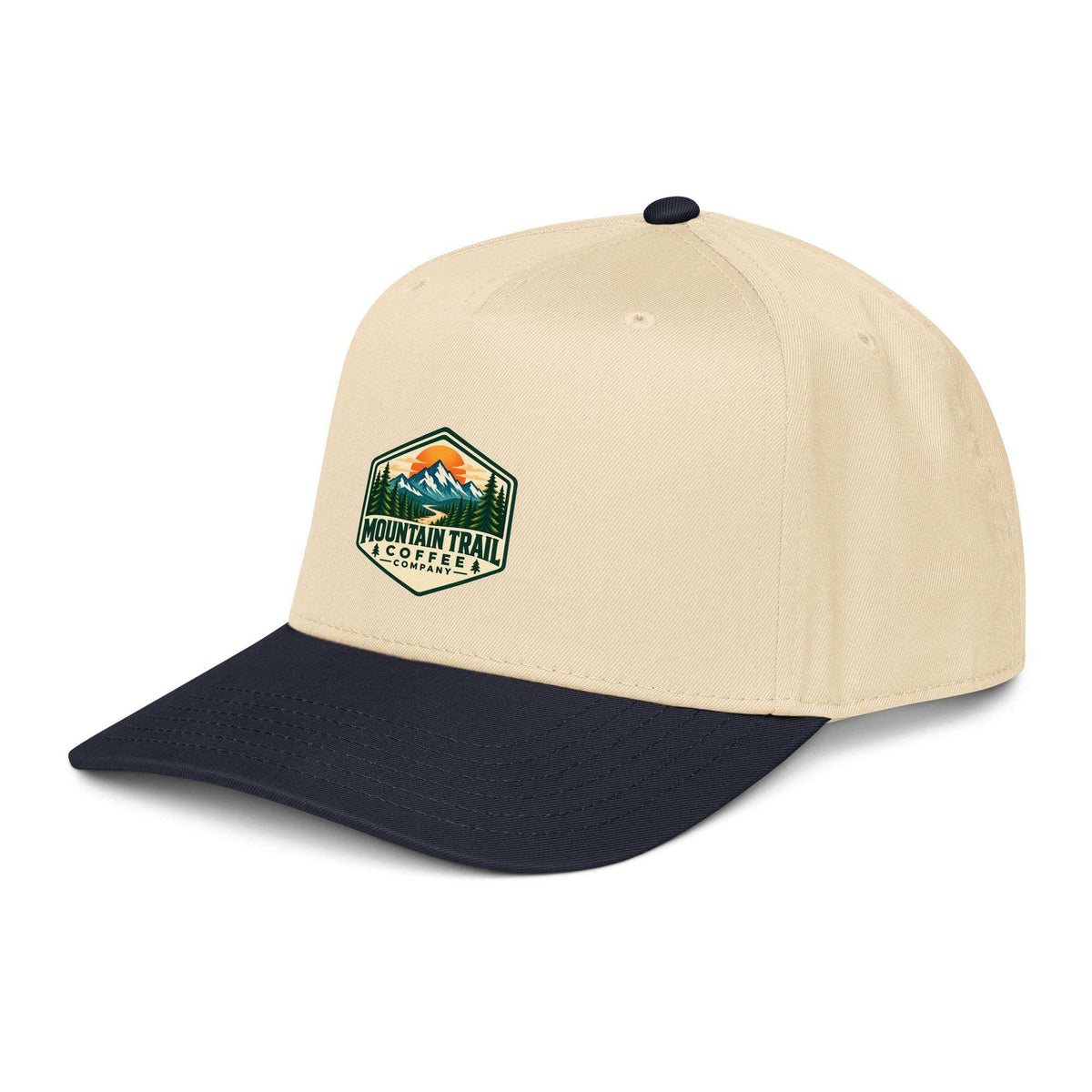 5 panel cap in beige cotton blend with black curved visor and embroidered mountain trail coffee patch