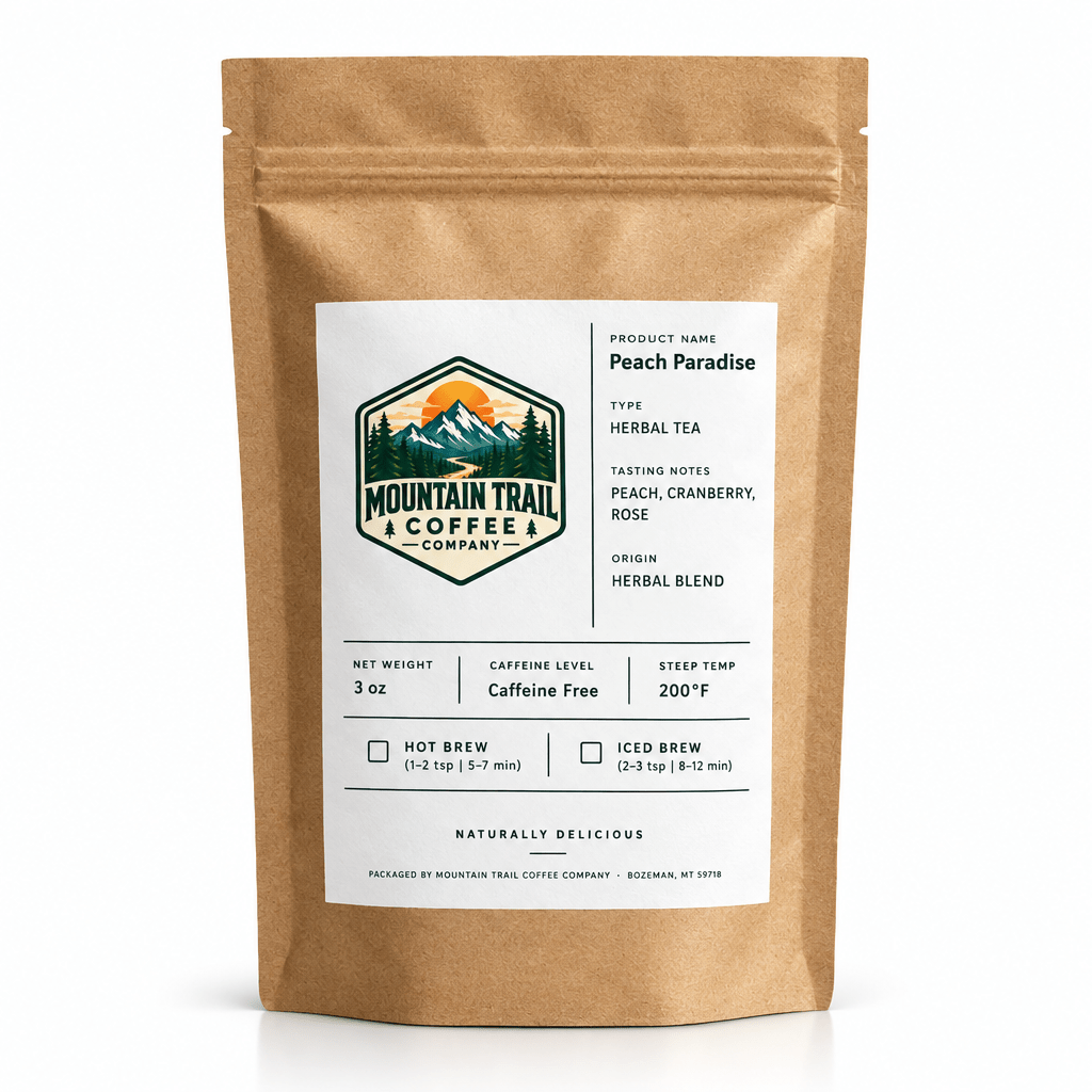 Herbal tea in a kraft paper pouch, Peach Paradise blend with a white label and mountain logo.