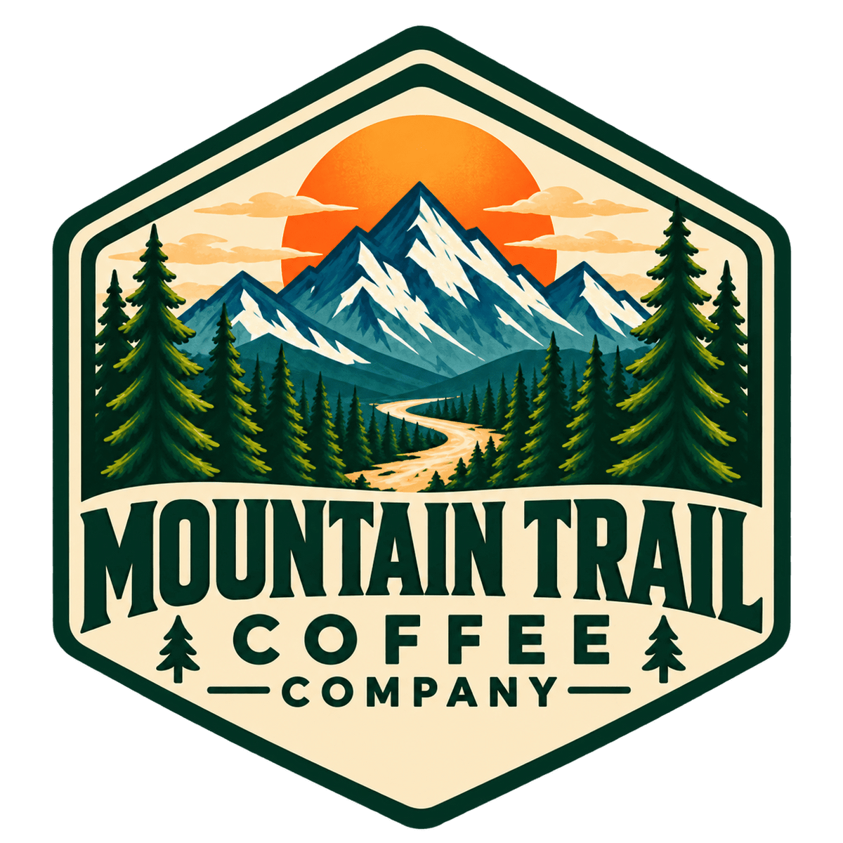 Mountain Trail Gift card featuring a cream badge with forest green lettering and an illustrated mountain, sun, and pine trees.