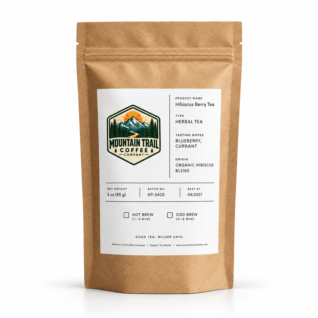 Hibiscus Berry Tea in a brown kraft paper pouch with a white label and colorful mountain logo, marked herbal tea