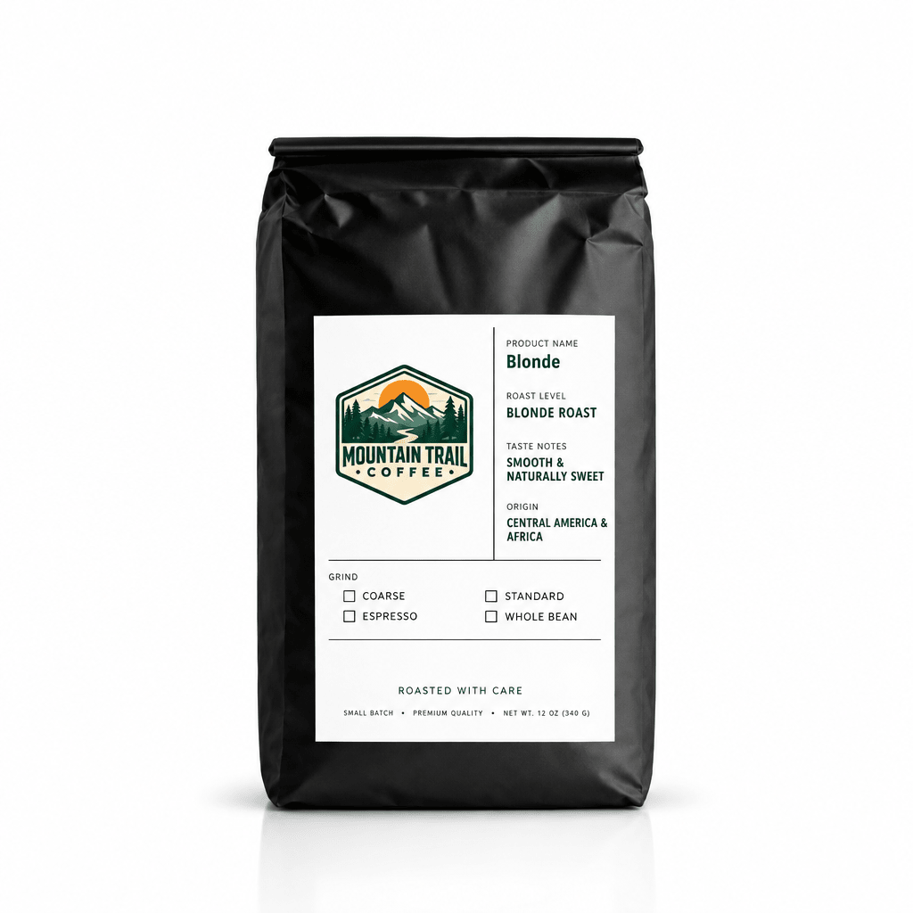 Coffee bag of Sweet Blend blonde roast, in matte black packaging with a white label and mountain trail logo.