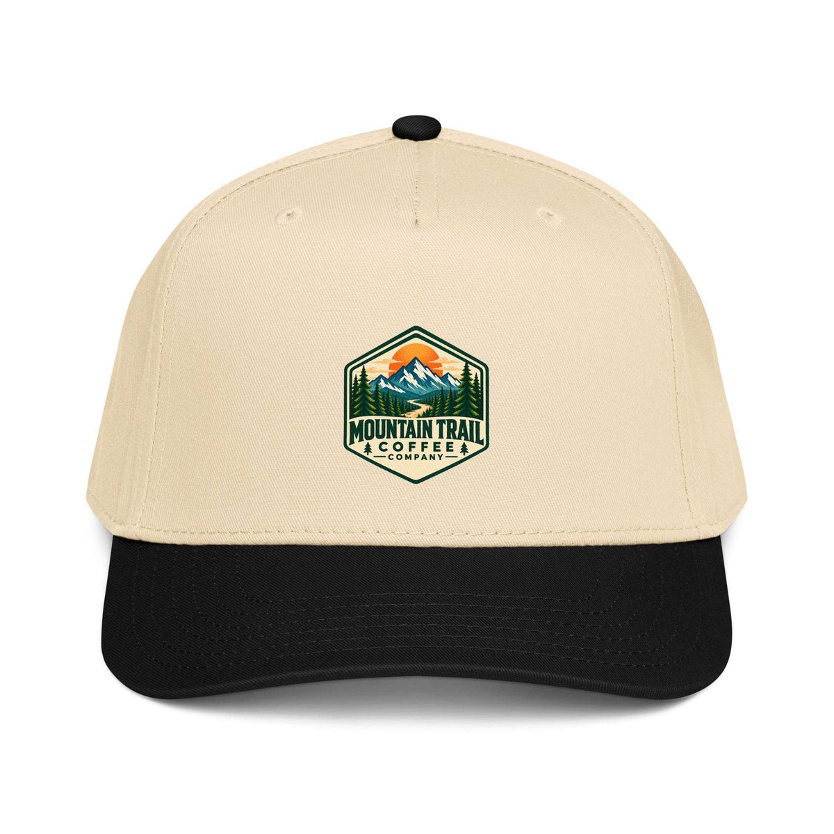 5 panel cap in beige cotton blend with black curved visor and Mountain Trail Coffee mountain logo
