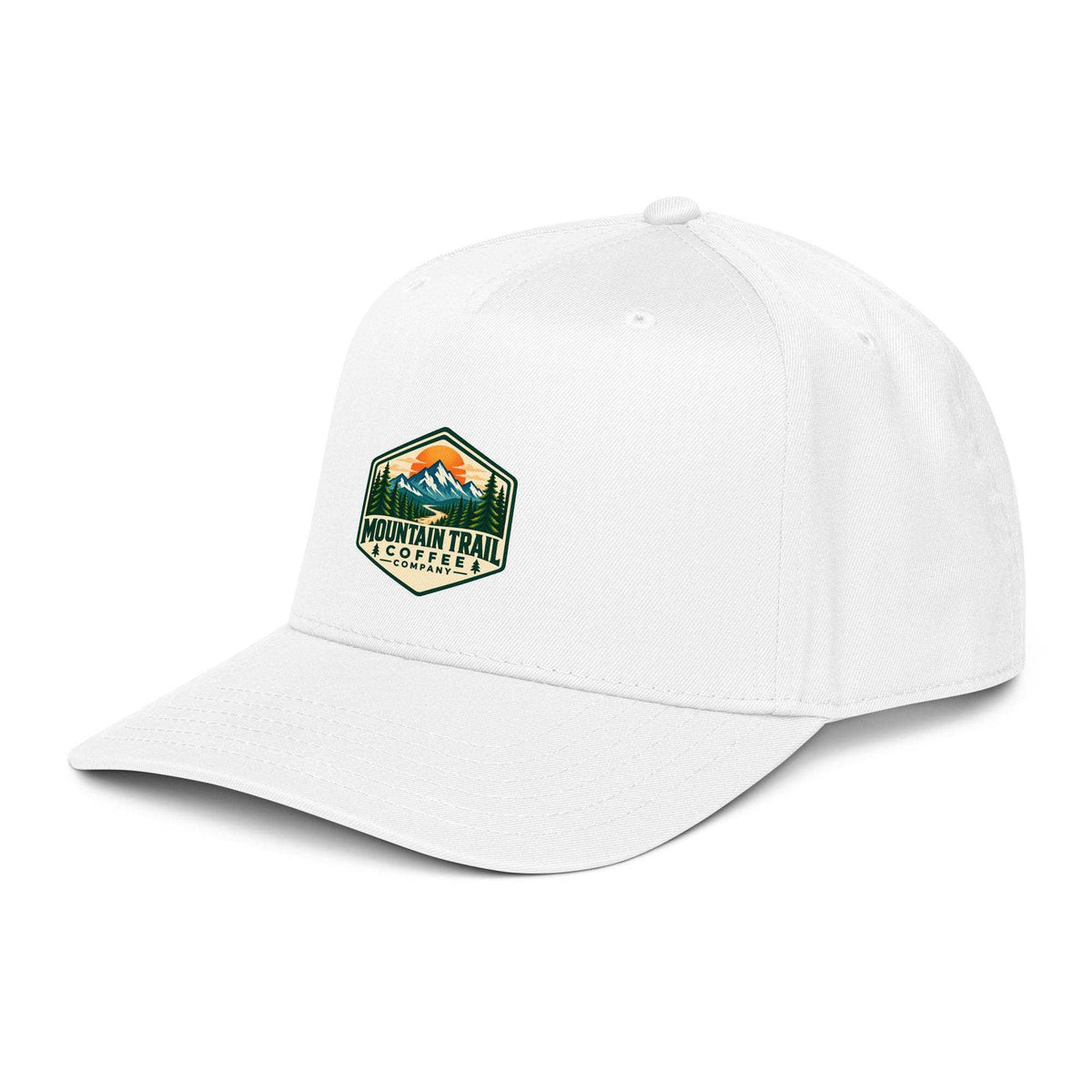 5 panel cap in white cotton blend with structured front, curved visor and colourful mountain trail logo