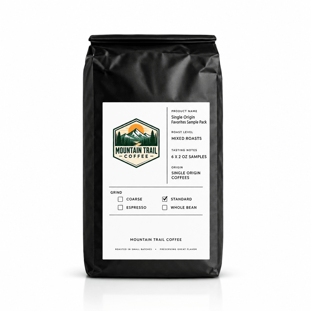 Coffee sample pack in a matte black bag with a white label, green mountain logo, and Single Origin Favorites text