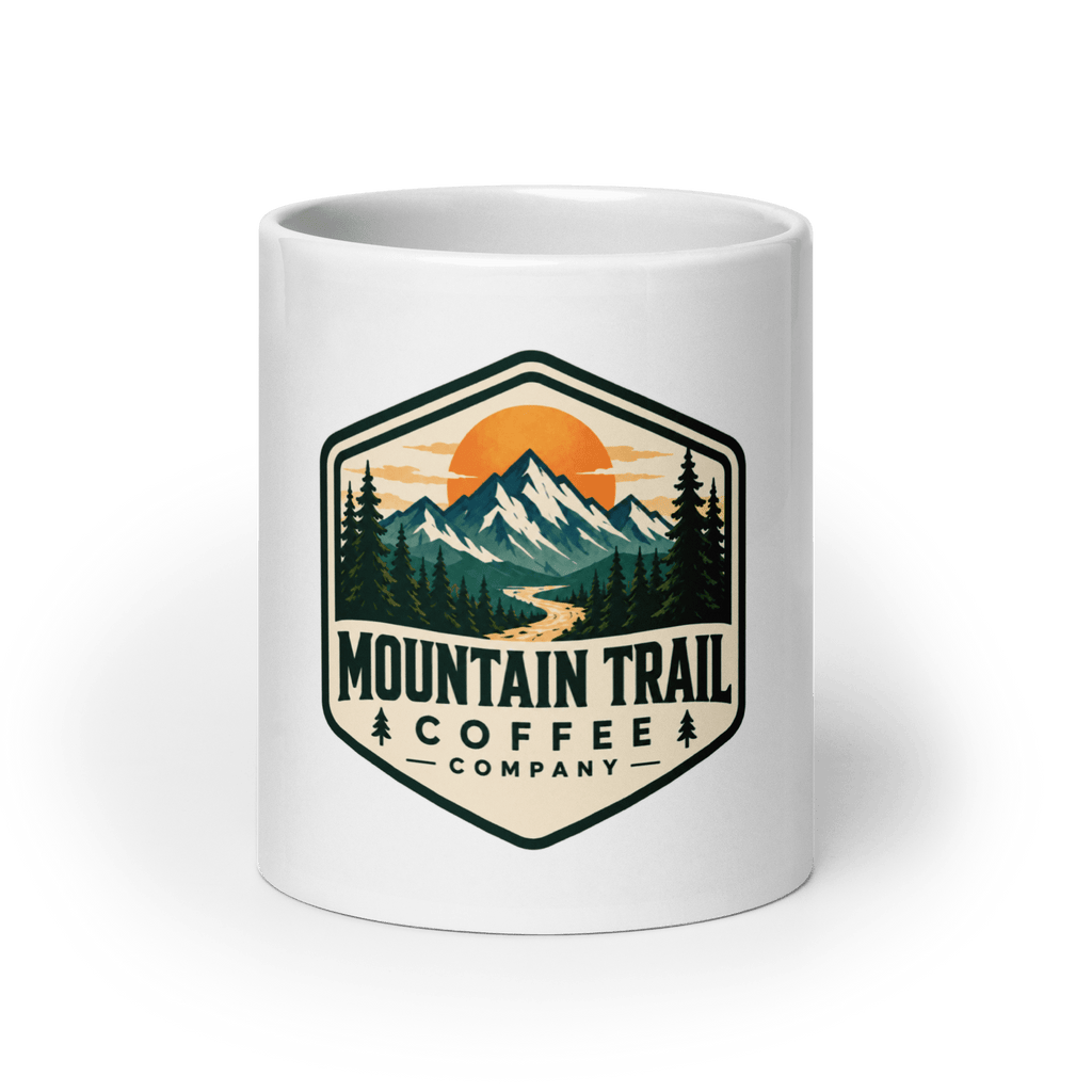 White glossy mug made of ceramic, featuring a colorful mountain landscape and “Mountain Trail Coffee Company” badge design.