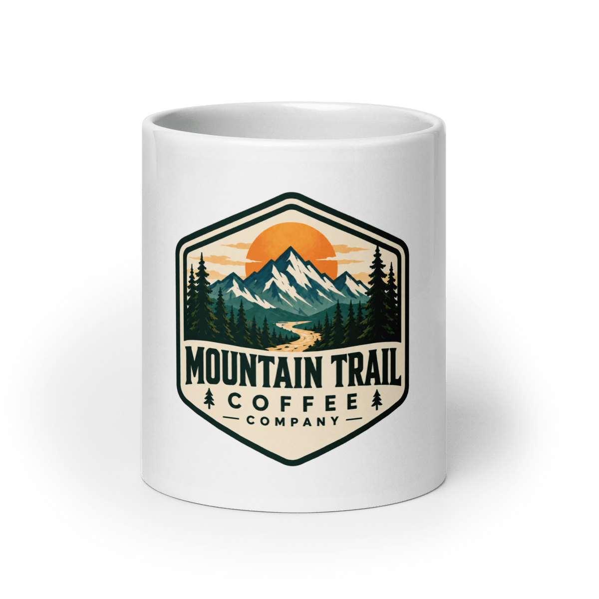 White glossy mug made of ceramic, featuring a colorful mountain landscape and “Mountain Trail Coffee Company” badge design.