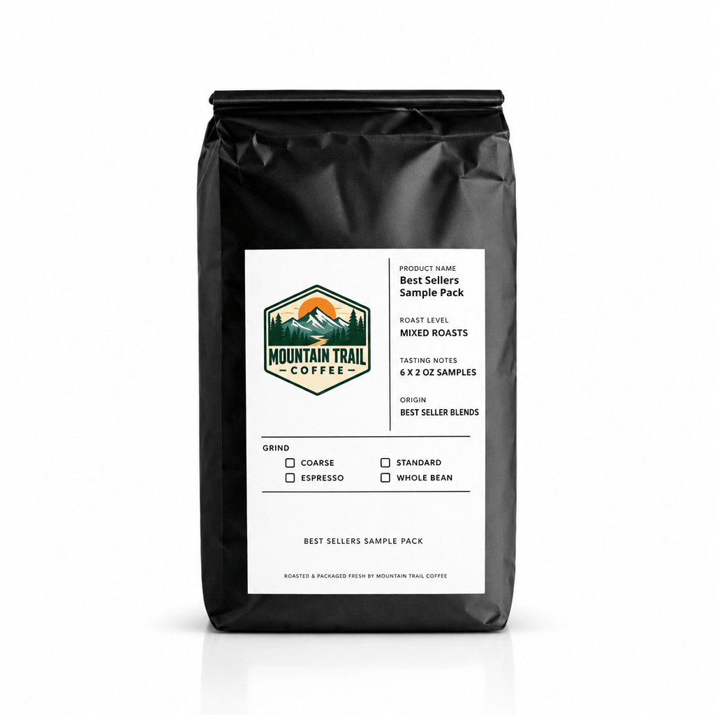 Coffee Sample Pack in a matte black resealable bag with a white label and green mountain logo, marked mixed roasts and six 2 oz samples.
