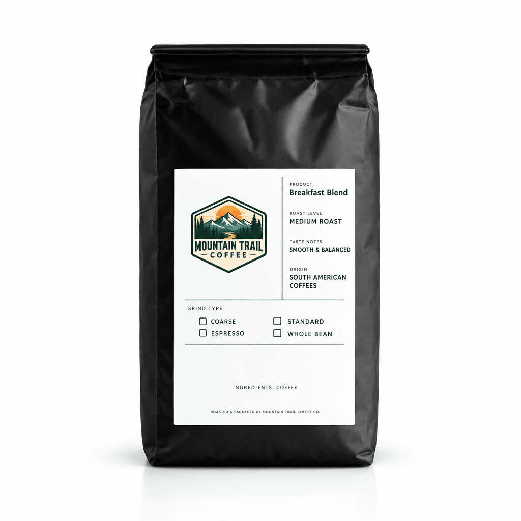 Breakfast Blend coffee bag in matte black packaging with a white label, mountain logo, and medium-roast details.