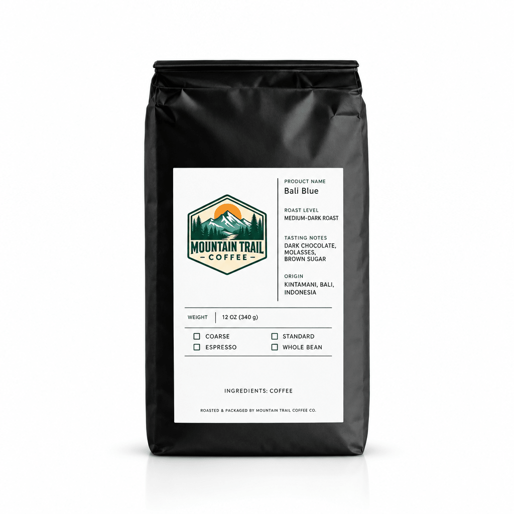 Coffee bag labeled Bali Blue, in matte black packaging with a white label and green mountain logo, featuring tasting notes.
