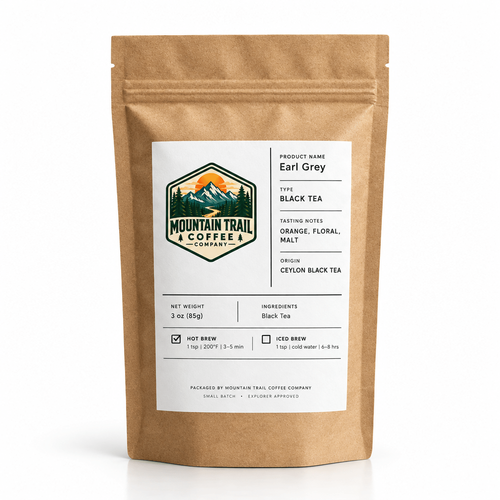 Earl Grey tea in a kraft paper pouch with a white label, mountain logo, and black tea details.