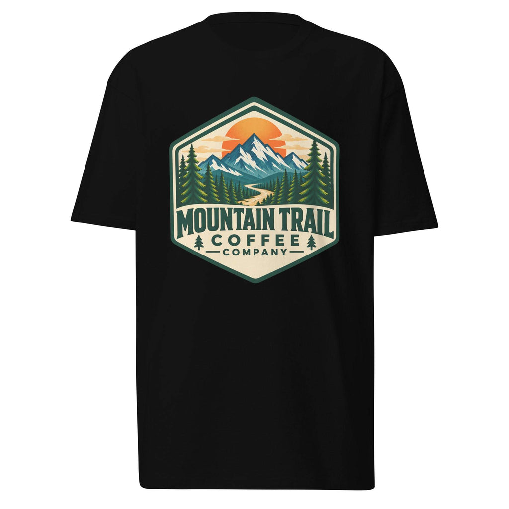 Men’s premium heavyweight tee in black cotton, featuring a bold hexagonal mountain, forest, and “Mountain Trail Coffee Company” graphic.