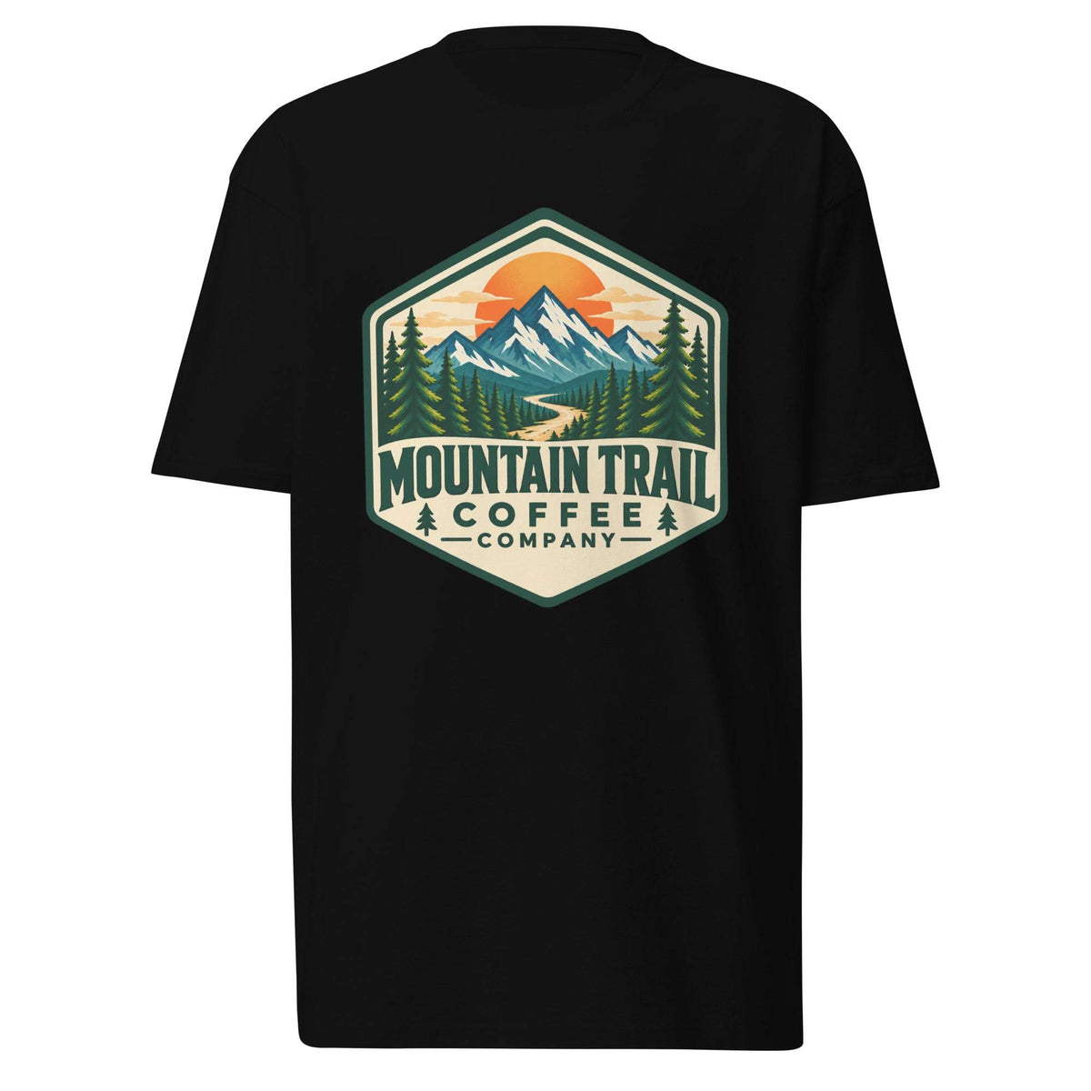 Men’s premium heavyweight tee in black cotton, featuring a bold hexagonal mountain, forest, and “Mountain Trail Coffee Company” graphic.