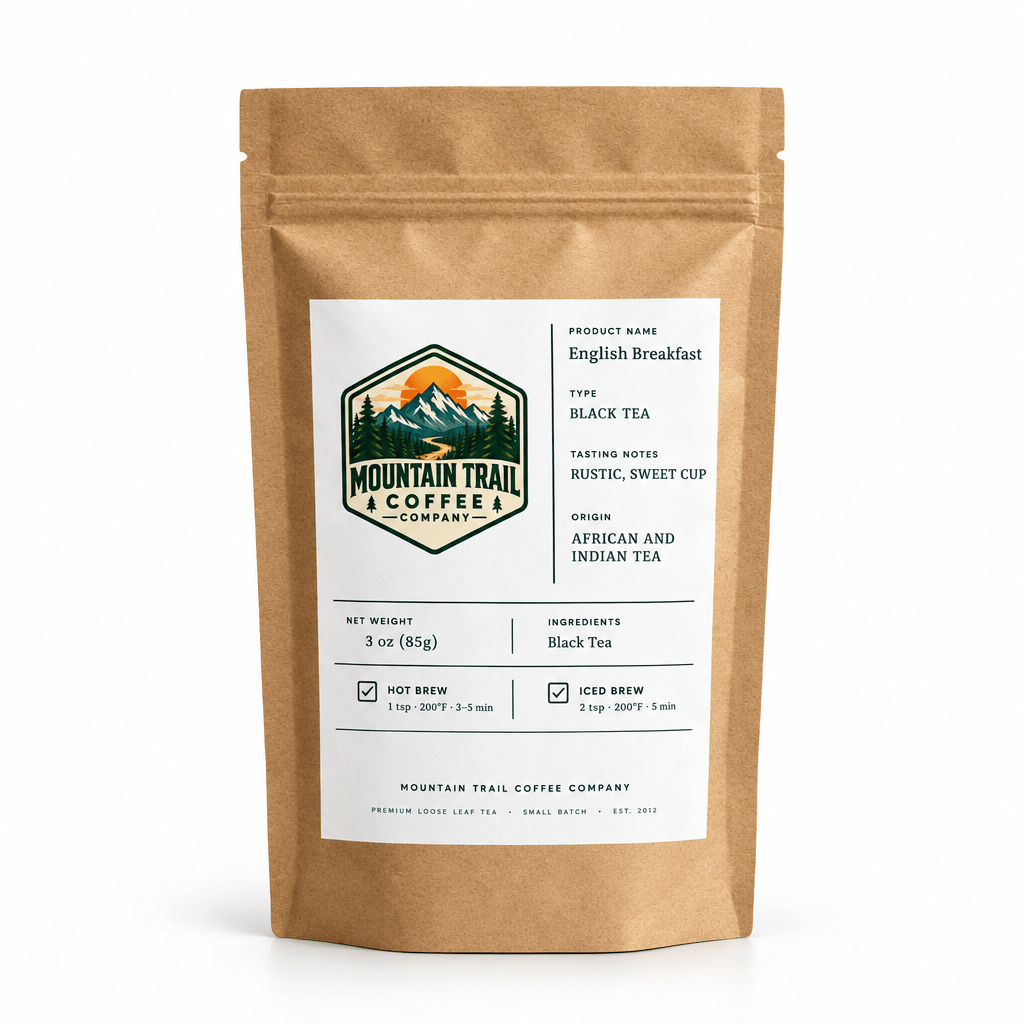 English Breakfast loose leaf tea in a kraft paper pouch, with a white label and mountain trail logo.