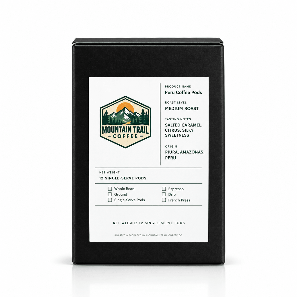 Peru Coffee Pods in a black rectangular carton with a white label, mountain logo, and medium roast details.