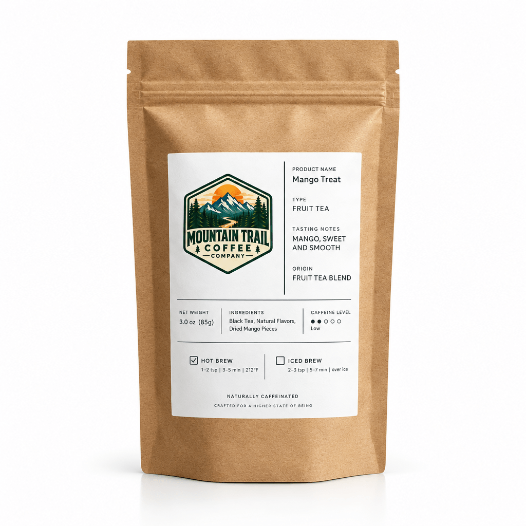 Mango Treat fruit tea blend in a kraft paper pouch with a white label and mountain trail logo.