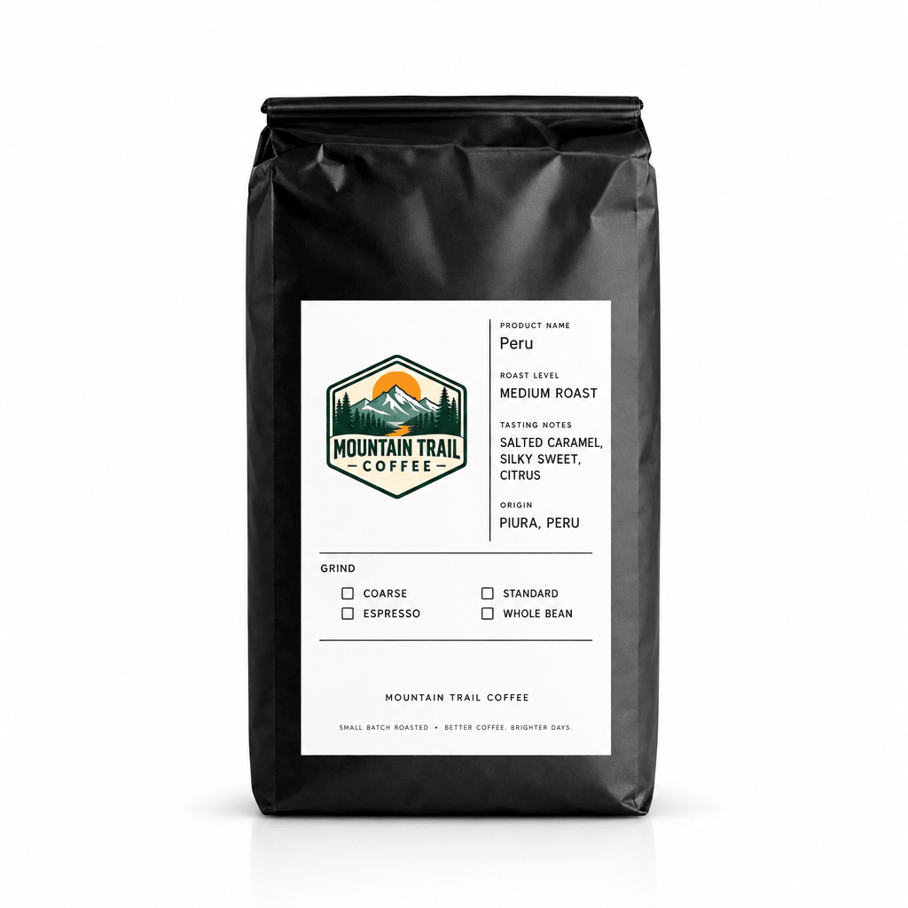 Peru medium-roast coffee in a matte black resealable pouch, with a white label and mountain logo.