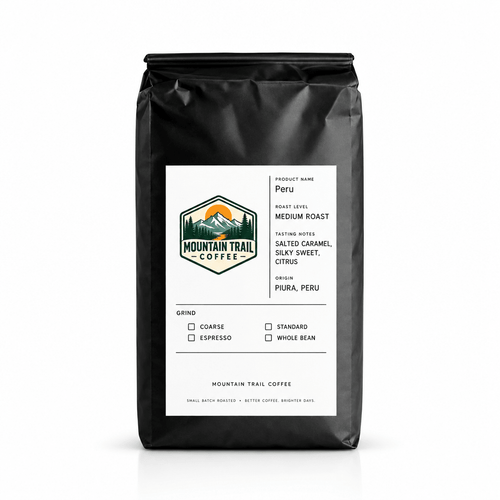 Peru medium-roast coffee in a matte black resealable pouch, with a white label and mountain logo.