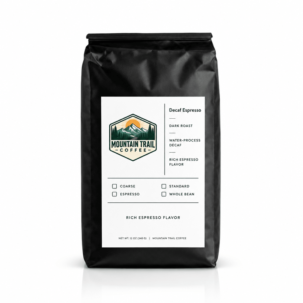 Decaf Espresso coffee in a matte black bag with a white label, mountain logo, and dark roast details.