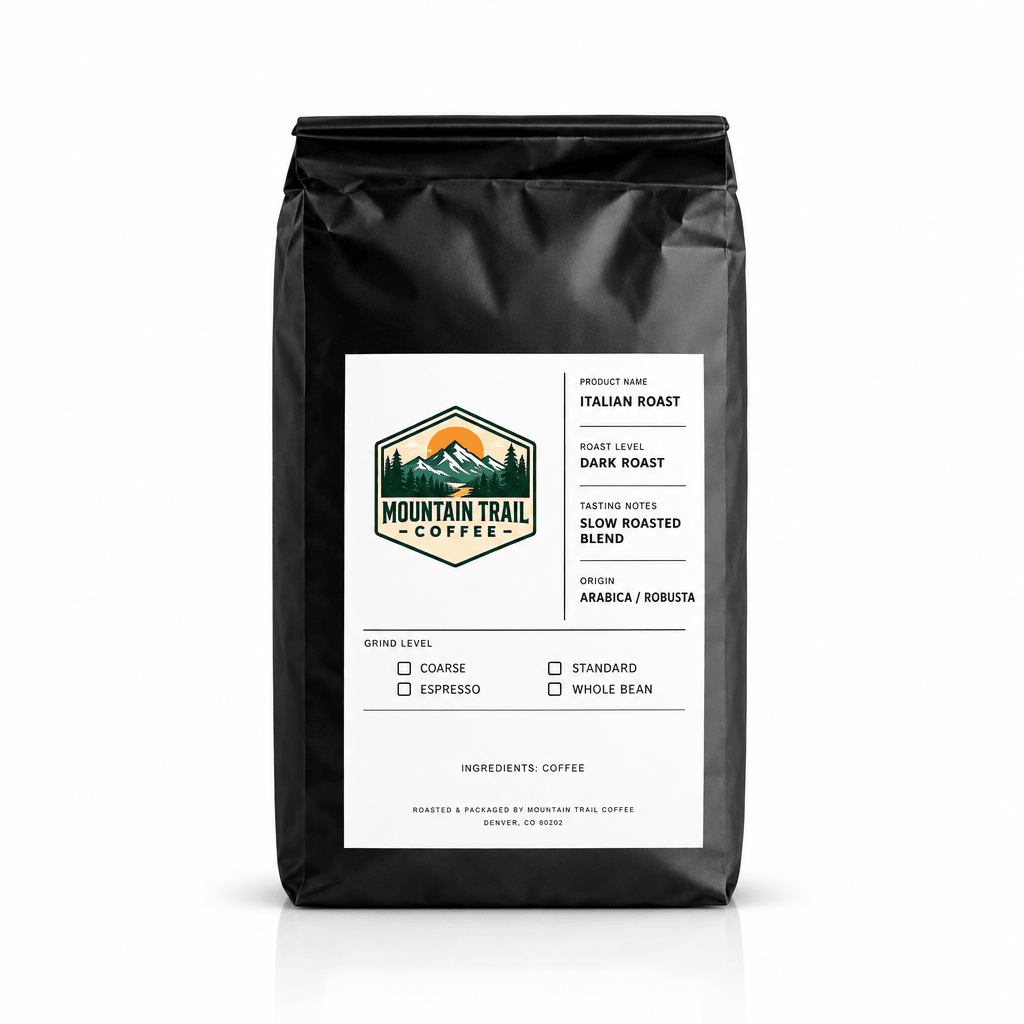 Sumatra coffee in a matte black bag with a white label, mountain logo, and Italian roast details.