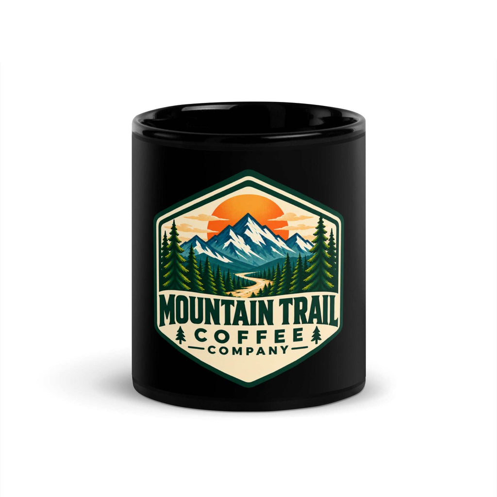 Black Glossy Mug with a smooth ceramic finish and colorful mountain trail coffee company badge on the front.