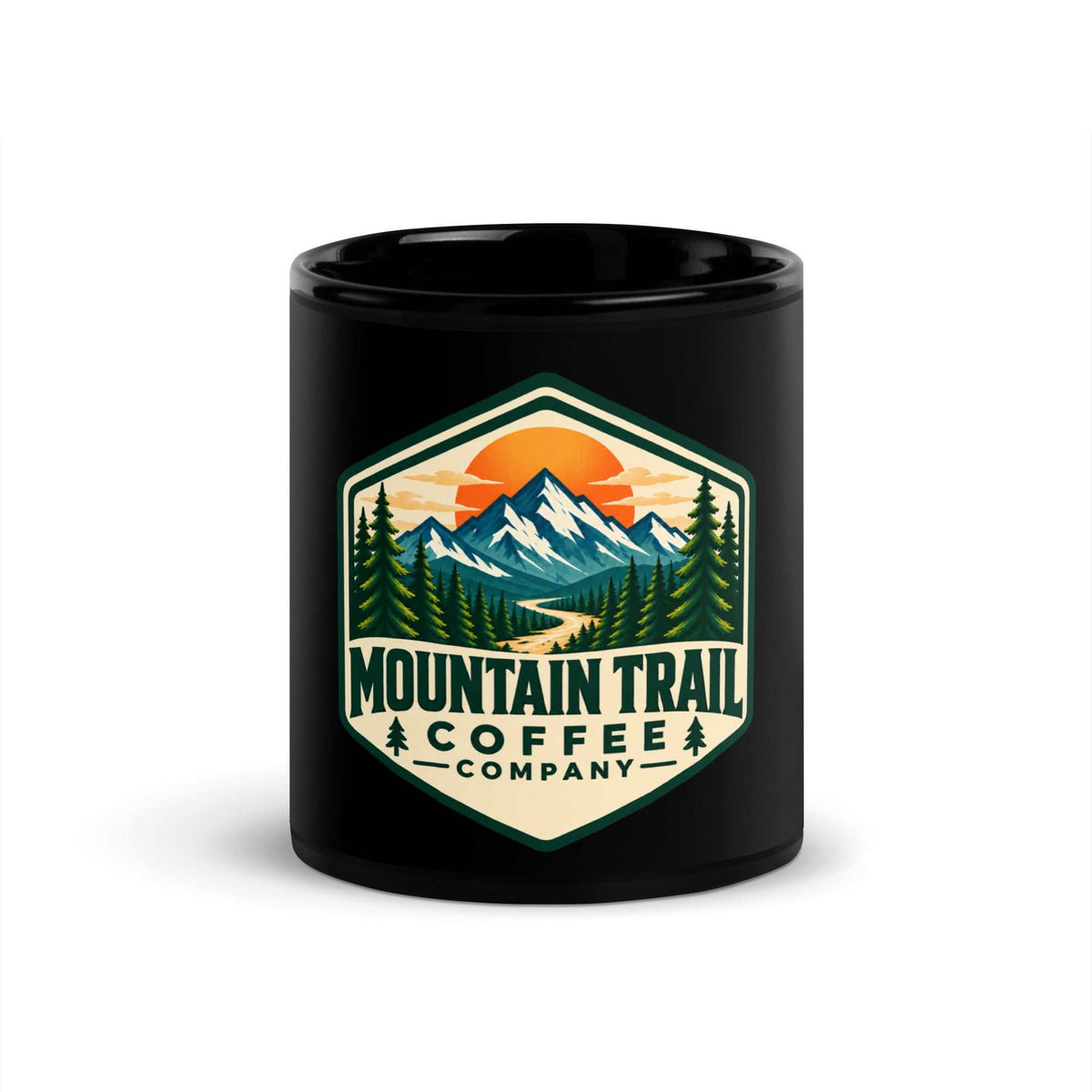 Black Glossy Mug with a smooth ceramic finish and colorful mountain trail coffee company badge on the front.